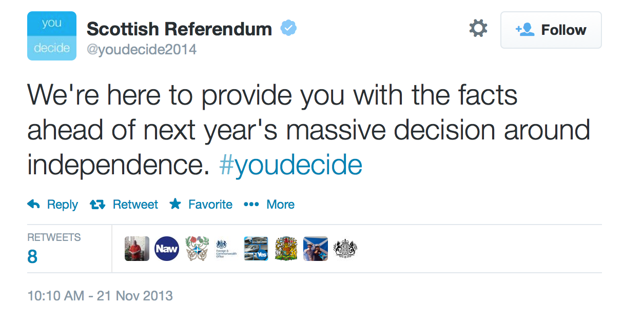 Scottish Referendum @youdecide2014. We're here to provide you with the facts ahead of next year's massive decision around independence. #youdecide